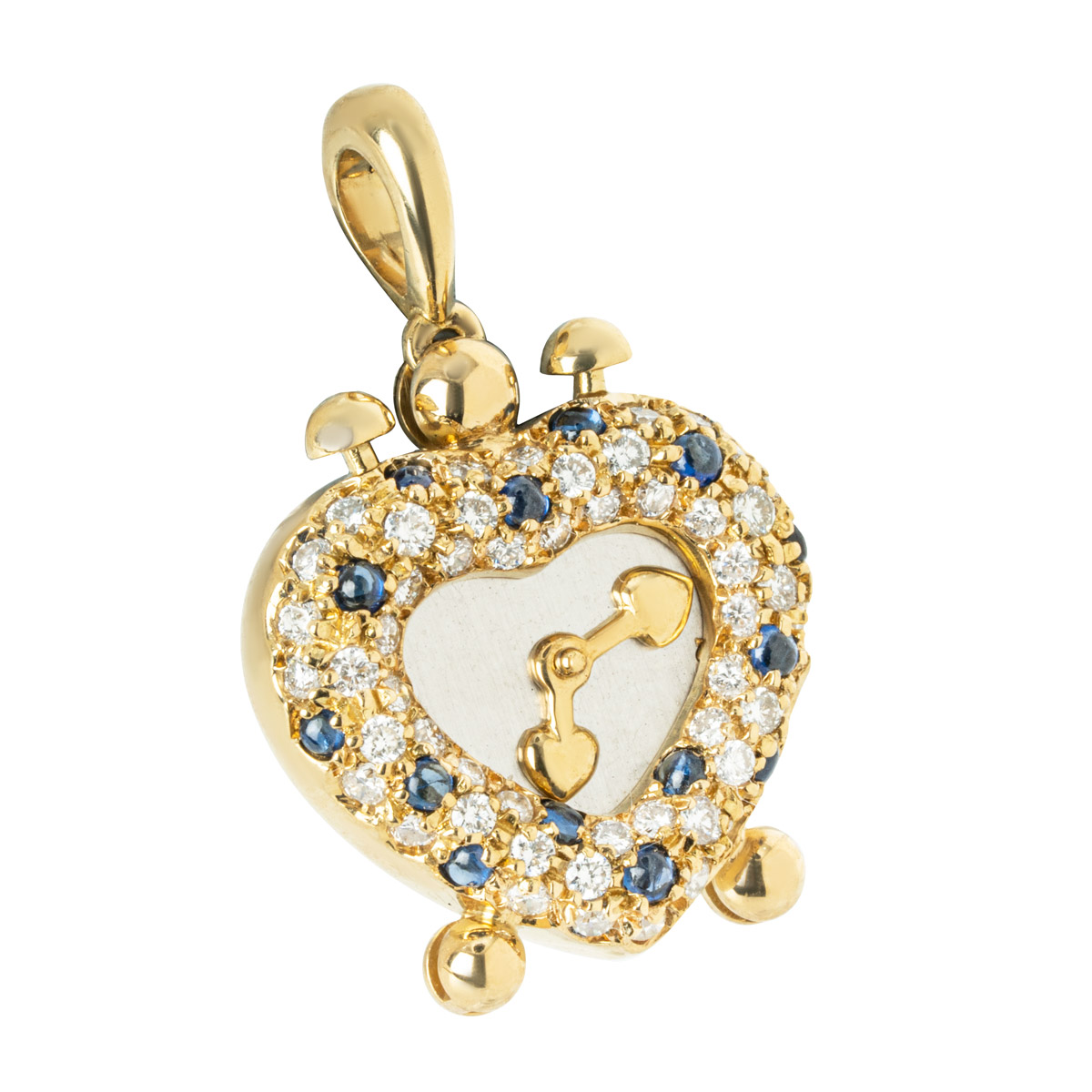 Yellow Gold Diamond and Sapphire Heart Clock Pendant